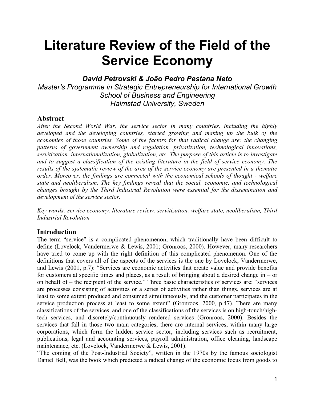 Literature Review of the Field of the Service Economy