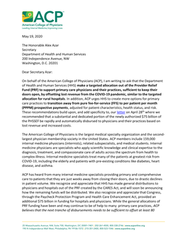 ACP Letter to Secretary Azar Re: Targeted Provider Relief Fund