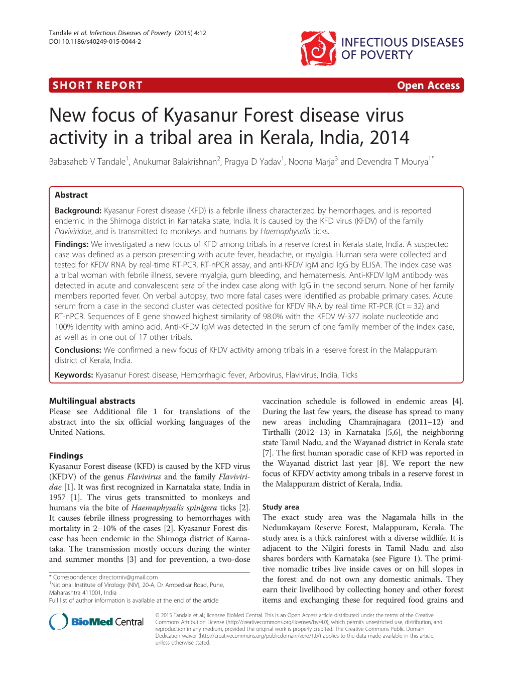 New Focus of Kyasanur Forest Disease Virus Activity in a Tribal Area In