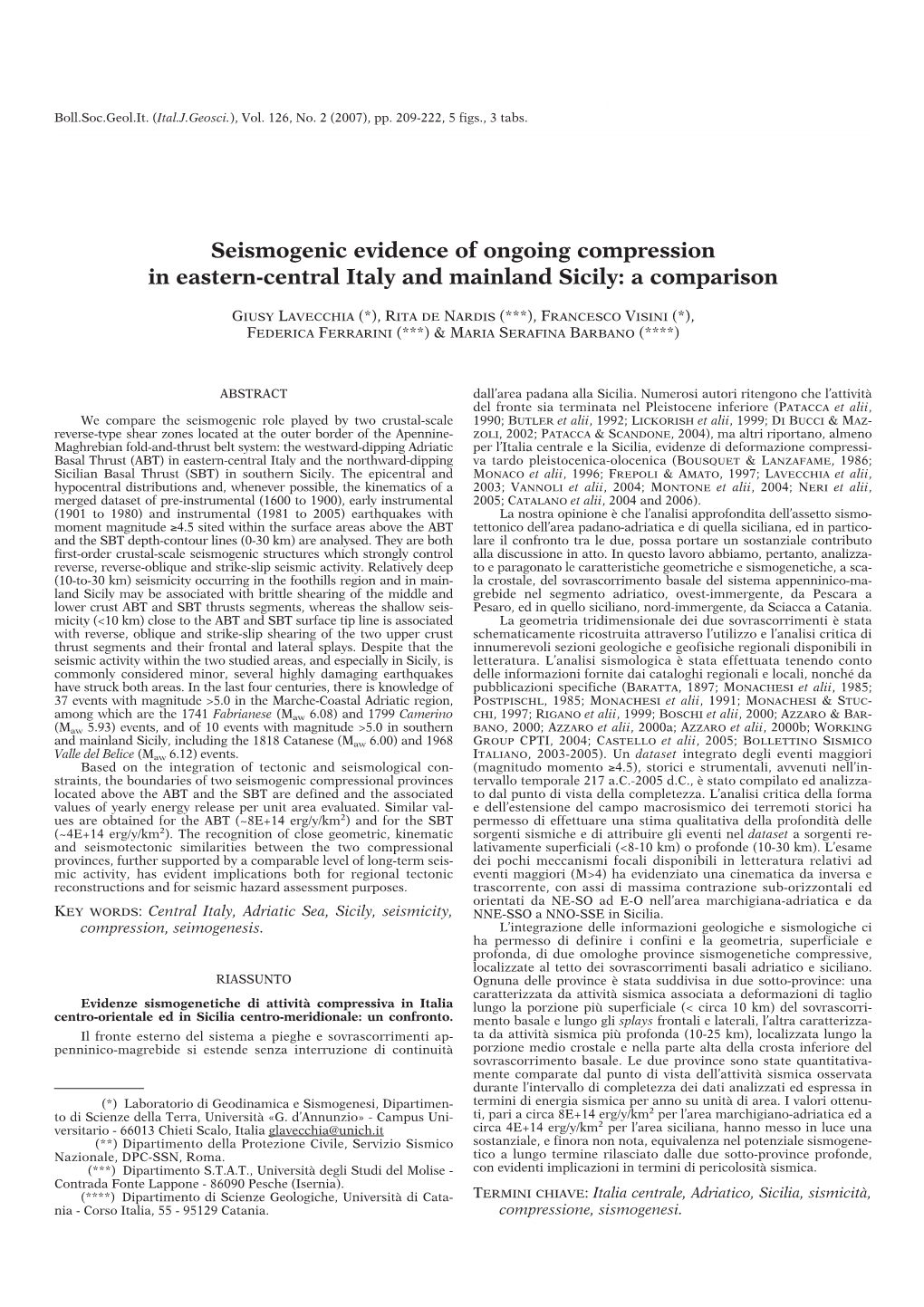 Seismogenic Evidence of Ongoing Compression in Eastern-Central Italy and Mainland Sicily: a Comparison