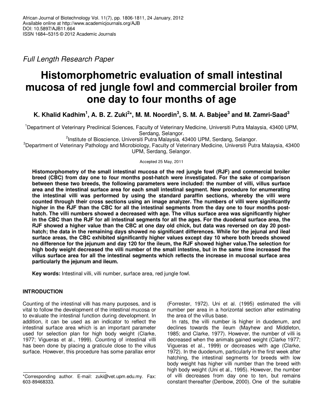 Histomorphometric Evaluation of Small Intestinal Mucosa of Red Jungle Fowl and Commercial Broiler from One Day to Four Months of Age