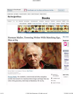 Norman Mailer, Towering Writer with Matching Ego, More Article Dies at 84 Sophistic Sig Adv Den Cha