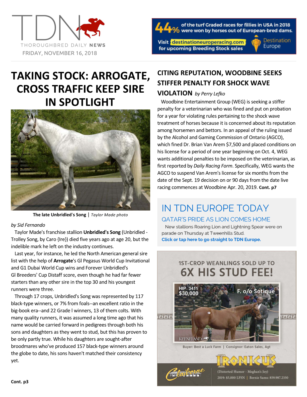 Taking Stock: Arrogate, Cross Traffic Keep Sire In