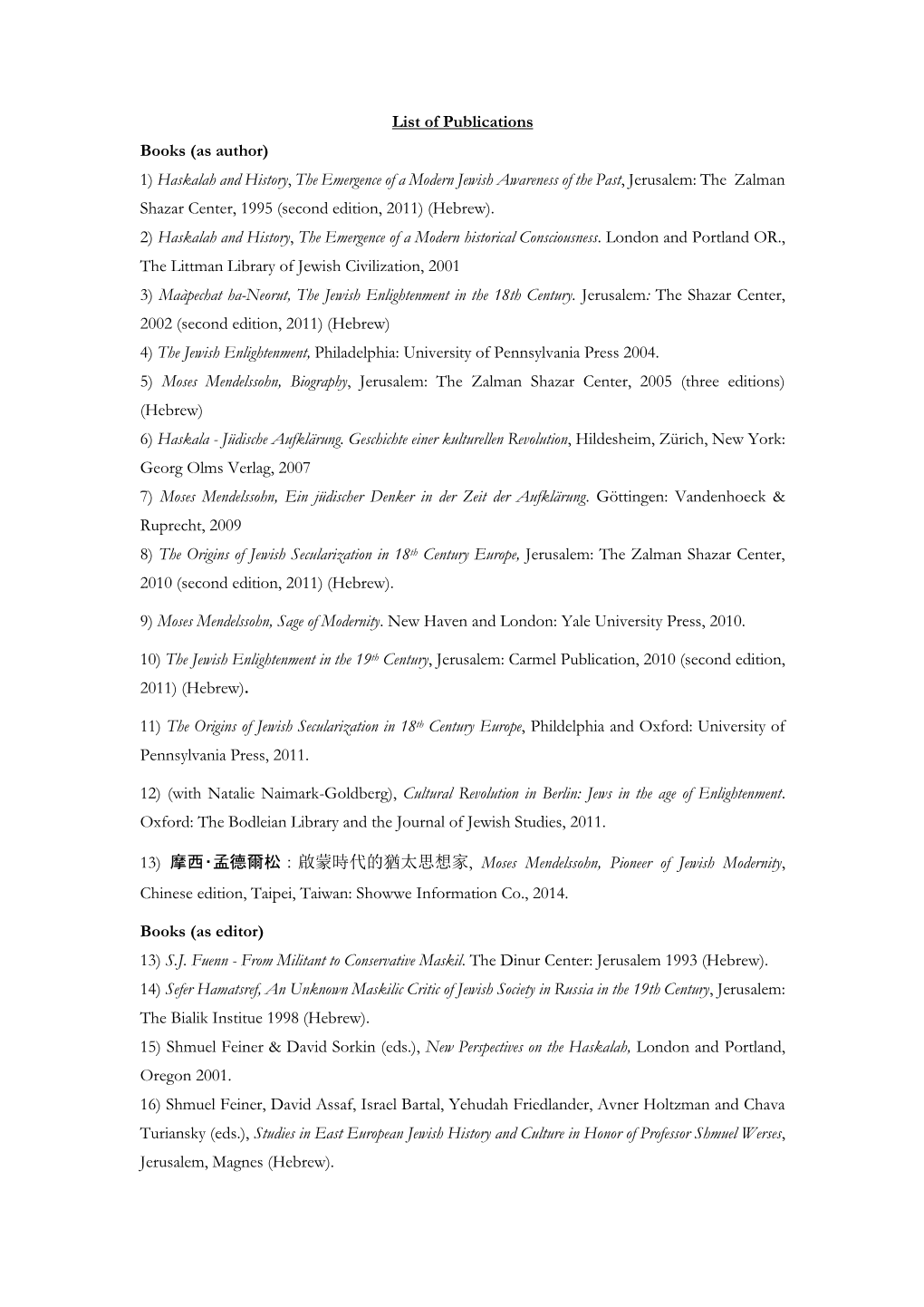 List of Publications Books (As Author) 1) Haskalah and History, The