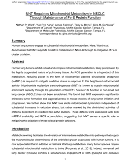 NNT Regulates Mitochondrial Metabolism in NSCLC Through Maintenance of Fe-S Protein Function