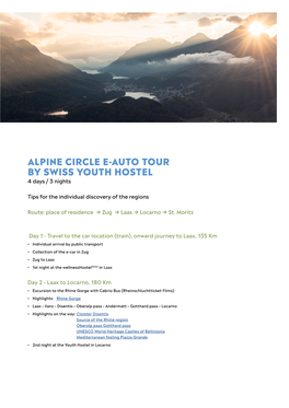 ALPINE CIRCLE E-AUTO TOUR by SWISS YOUTH HOSTEL 4 Days / 3 Nights