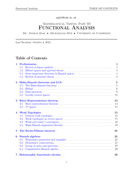 Functional Analysis TABLE of CONTENTS