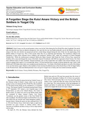 A Forgotten Siege the Kutul Amare Victory and the British Soldiers in Yozgat City