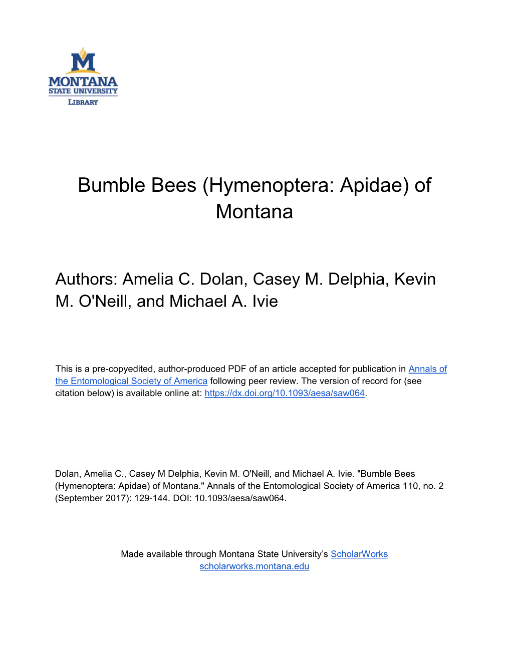 Bumble Bees (Hymenoptera: Apidae) of Montana (PDF)