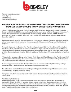 George Toulas Named Vice President and Market Manager of Beasley Media Group’S Tampa-Based Radio Properties