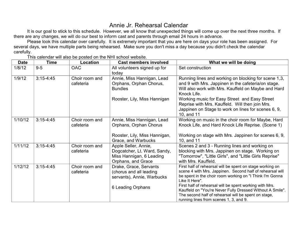 Annie Jr. Rehearsal Calendar It Is Our Goal to Stick to This Schedule