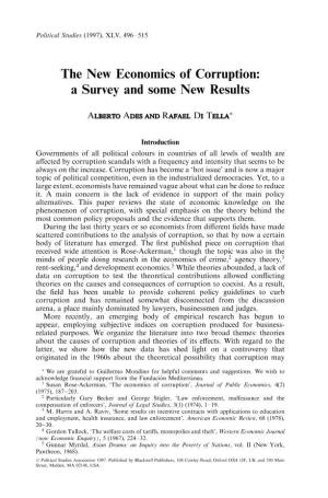 The New Economics of Corruption: a Survey and Some New Results