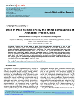 Uses of Trees As Medicine by the Ethnic Communities of Arunachal Pradesh, India