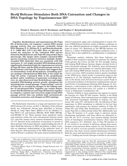 Recq Helicase Stimulates Both DNA Catenation and Changes in DNA Topology by Topoisomerase III*