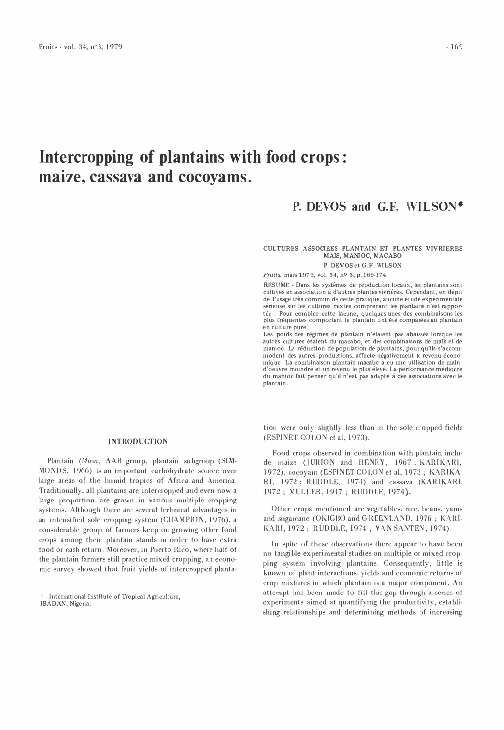 Intercropping of Plantains with Food Crops : Maize, Cassava and Cocoyams