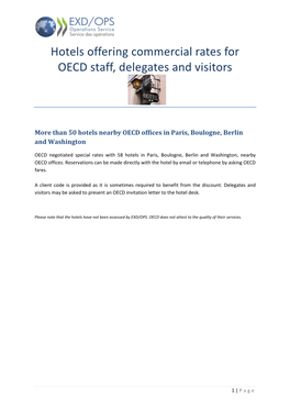 Hotels Offering Commercial Rates for OECD Staff, Delegates and Visitors