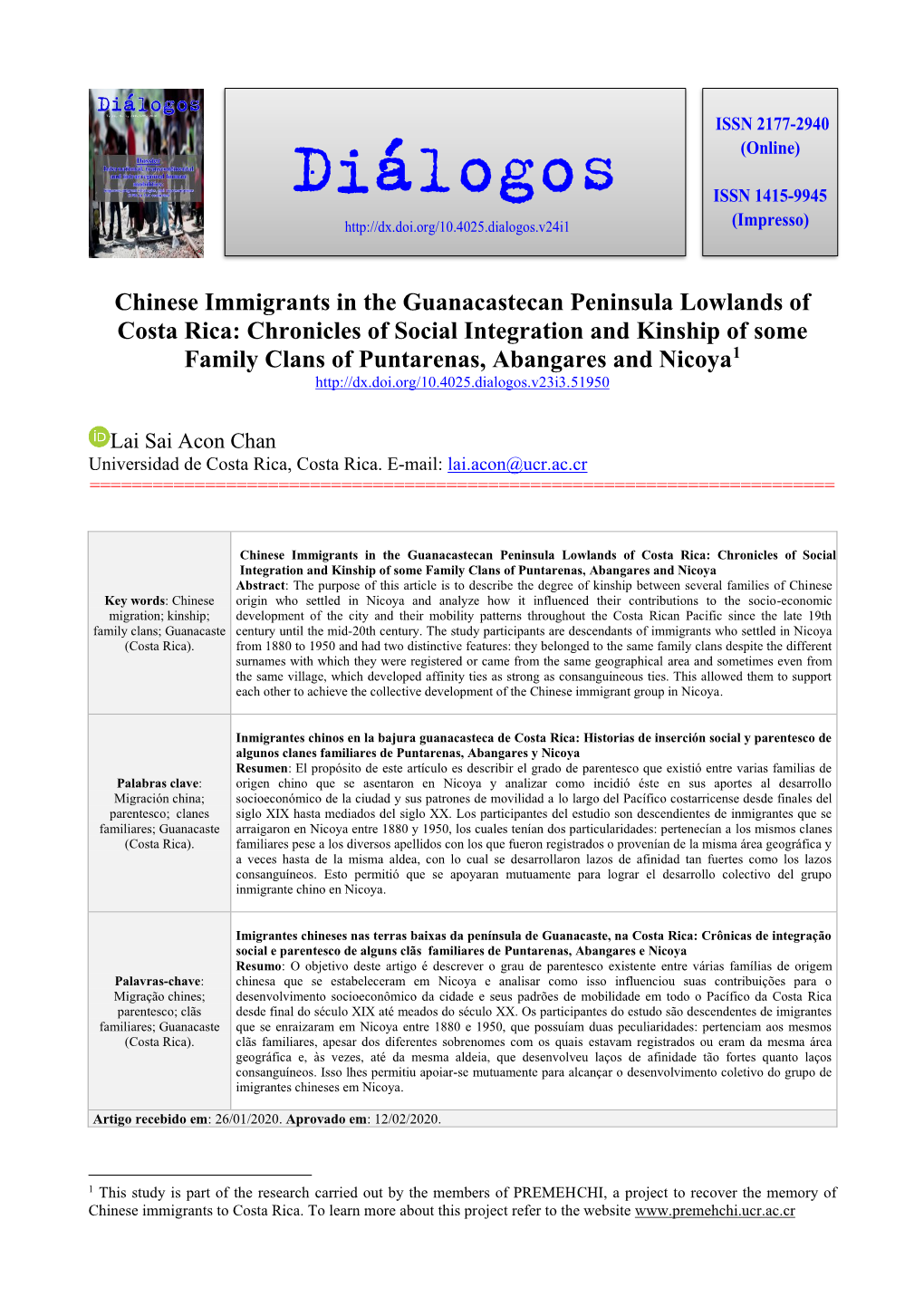 Chinese Immigrants in the Guanacastecan Peninsula Lowlands Of