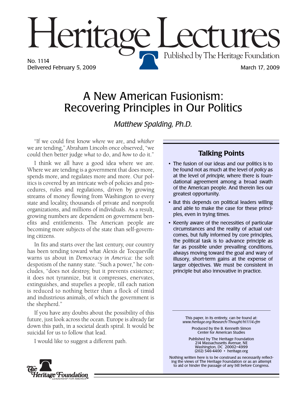 A New American Fusionism: Recovering Principles in Our Politics Matthew Spalding, Ph.D