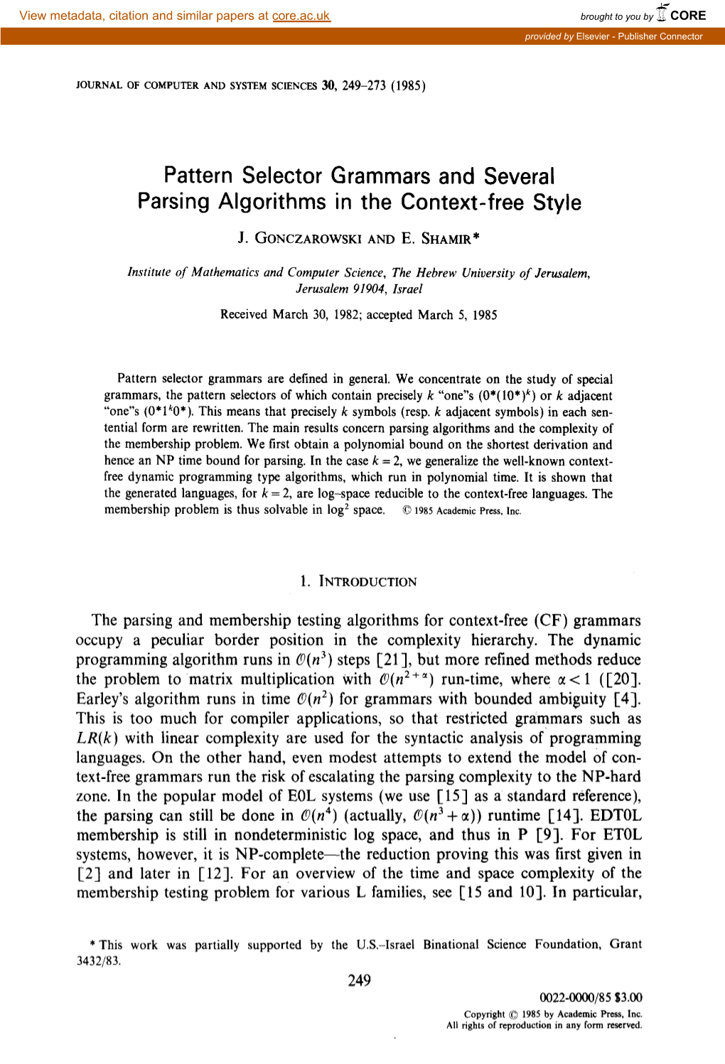 Pattern Selector Grammars and Several Parsing Algorithms in the Context-Free Style