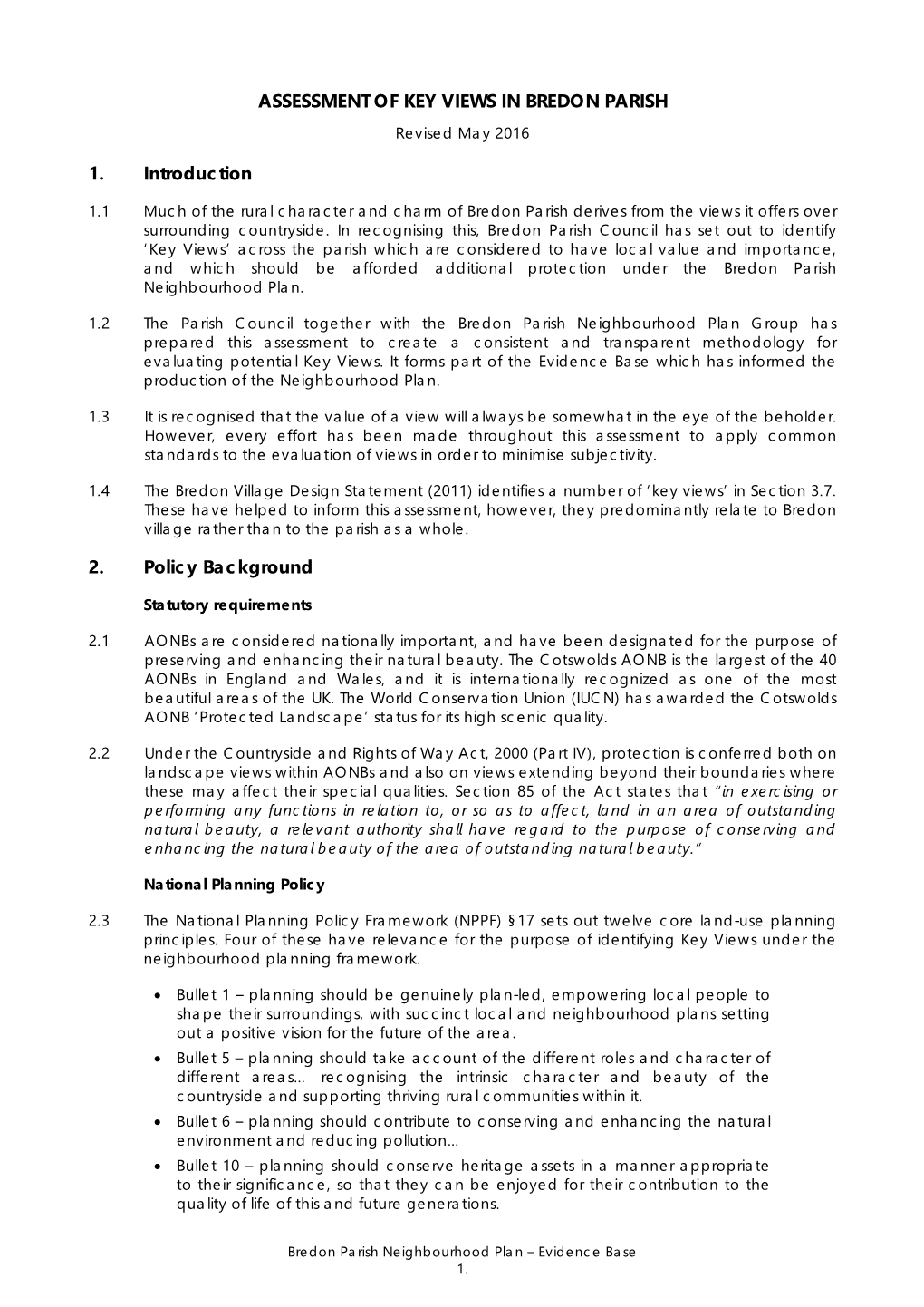 ASSESSMENT of KEY VIEWS in BREDON PARISH 1. Introduction 2. Policy Background