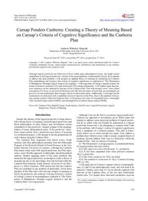 Carnap Ponders Canberra: Creating a Theory of Meaning Based on Carnap’S Criteria of Cognitive Significance and the Canberra Plan
