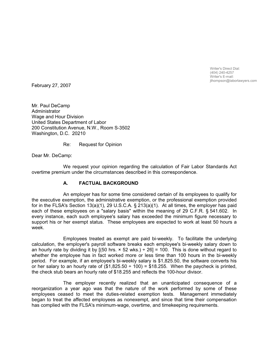 Mr. Paul Decamp Administrator Wage and Hour Division United States Department of Labor 200 Constitution Avenue, N.W., Room S-3502 Washington, D.C