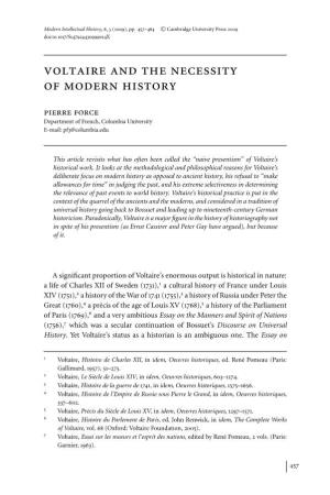 Voltaire and the Necessity of Modern History Pierre Force Department of French, Columbia University E-Mail: Pf3@Columbia.Edu