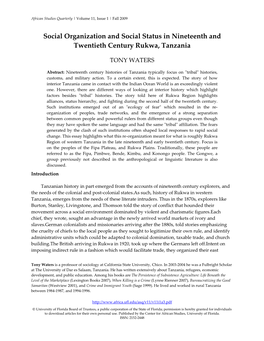Social Organization and Social Status in Nineteenth and Twentieth Century Rukwa, Tanzania