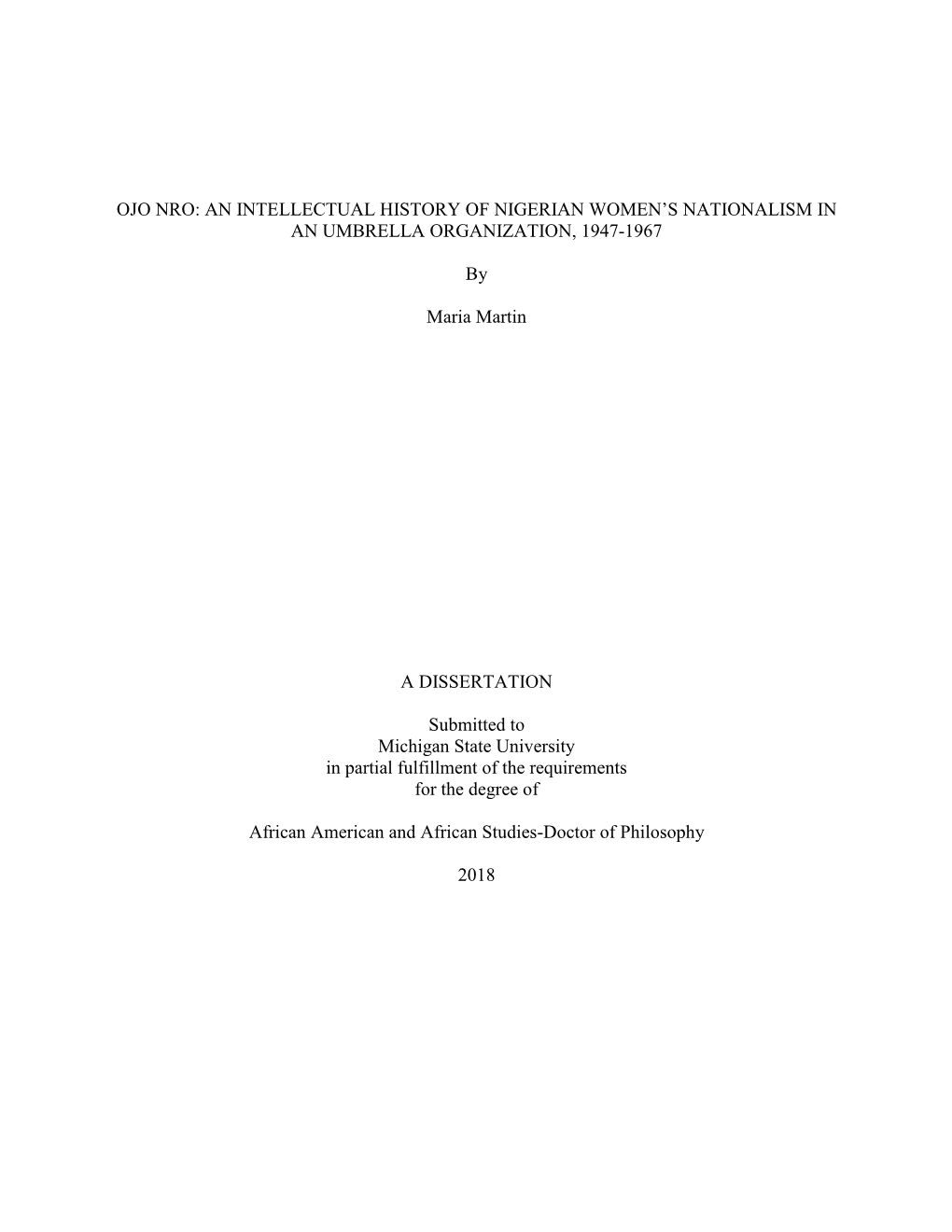 Ojo Nro: an Intellectual History of Nigerian Women's Nationalism In