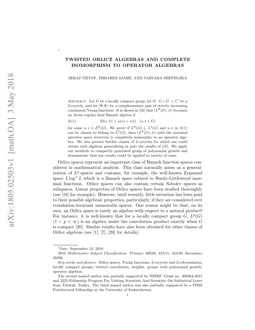 Arxiv:1805.02503V1 [Math.OA]