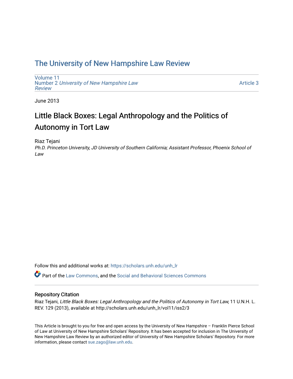 Legal Anthropology and the Politics of Autonomy in Tort Law