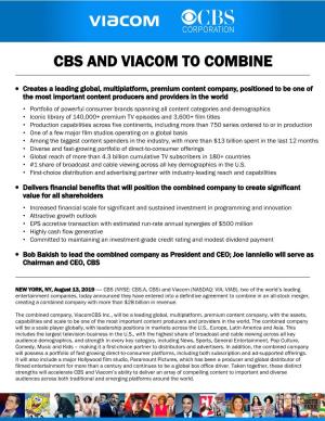 Cbs and Viacom to Combine
