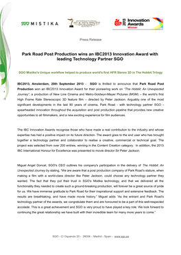 Park Road Post Production Wins an IBC2013 Innovation Award with Leading Technology Partner SGO