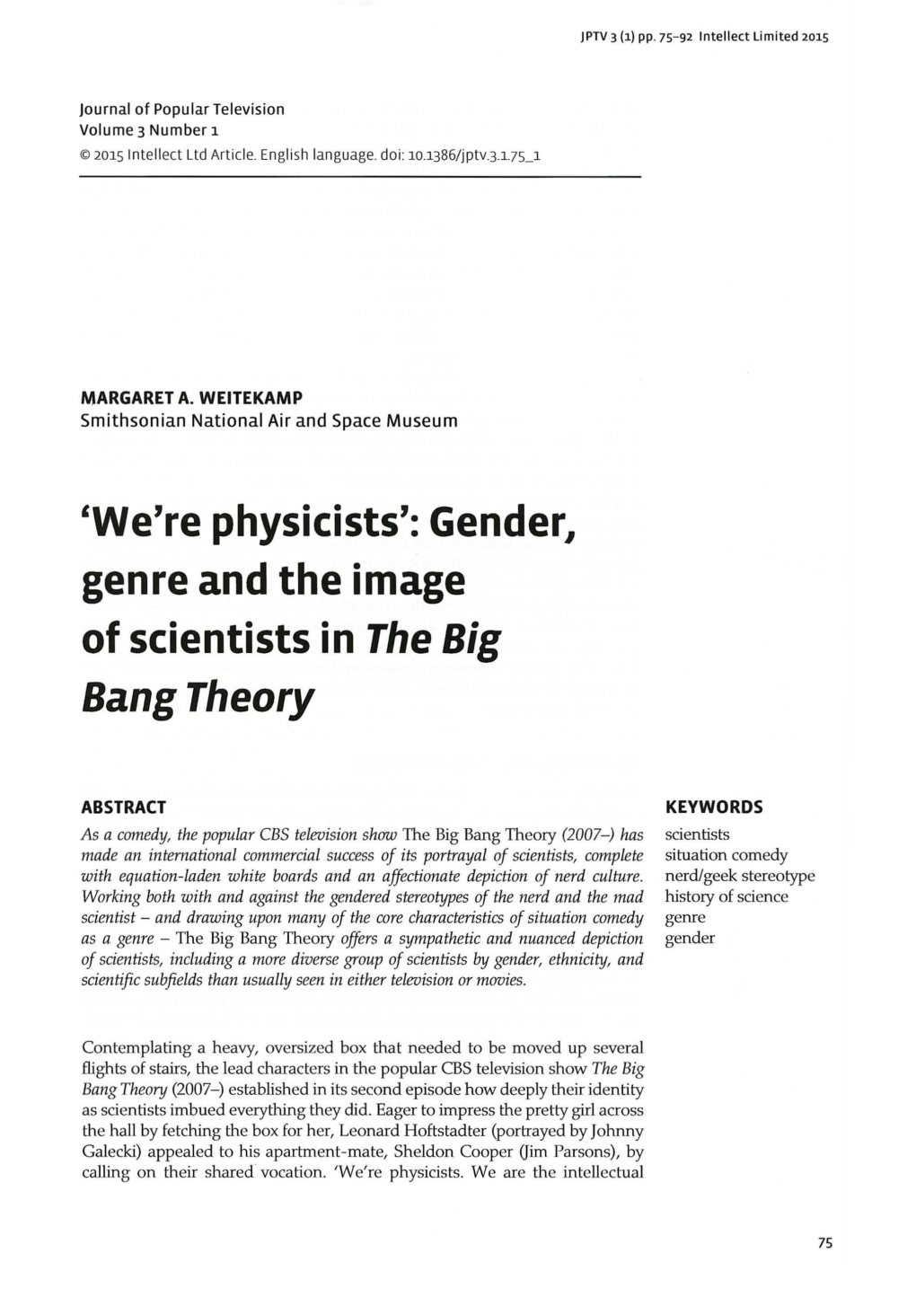 Genderl Genre and the Image of Scientists in the Big Bang Theory