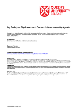 Big Society As Big Government: Cameron's Governmentality Agenda