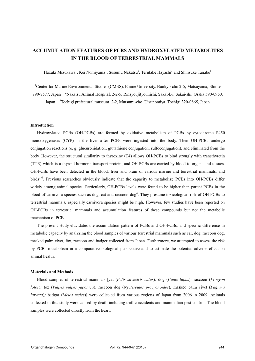 Accumulation Features of Pcbs and Hydroxylated Metabolites in the Blood of Terrestrial Mammals