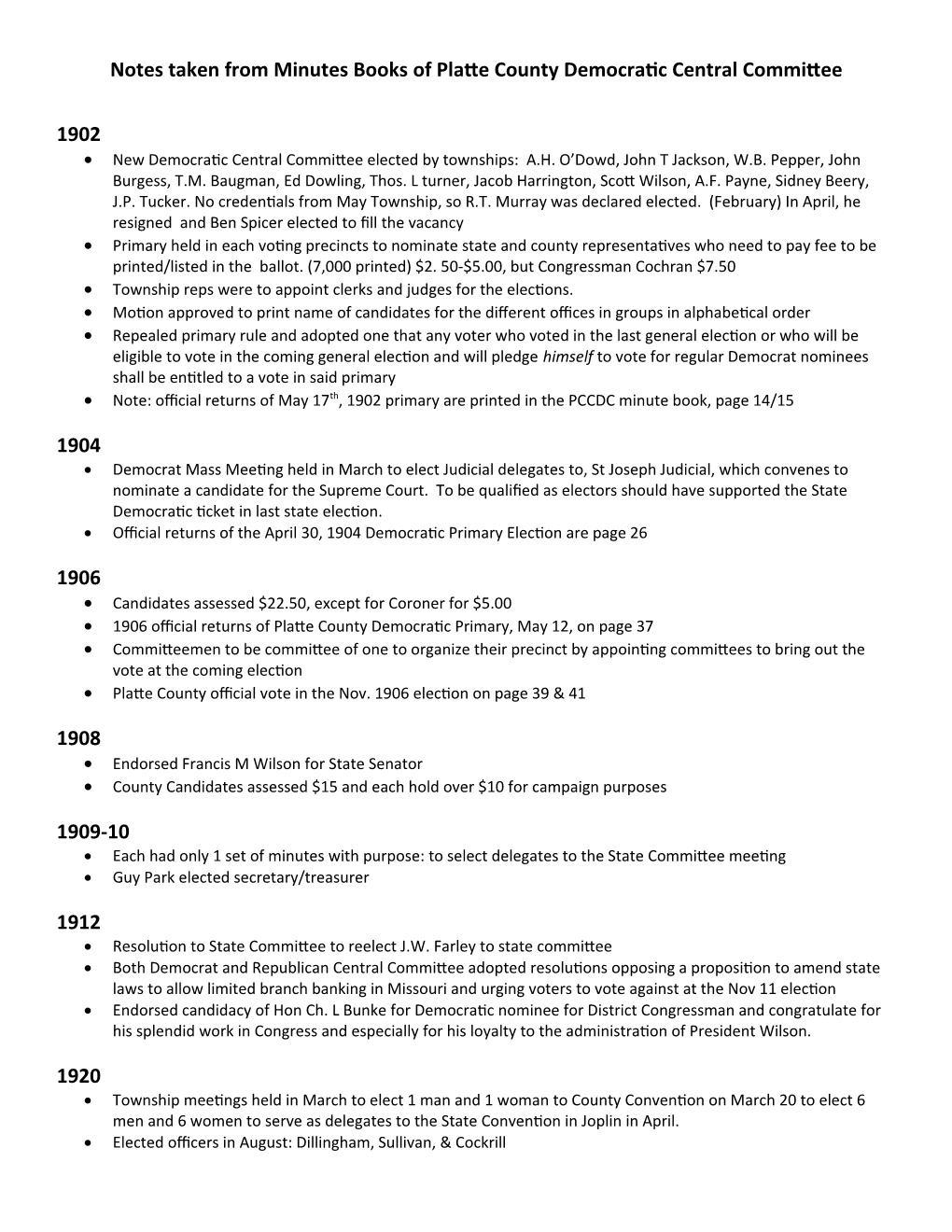 Notes Taken from Minutes Books of Platte County Democratic Central Committee