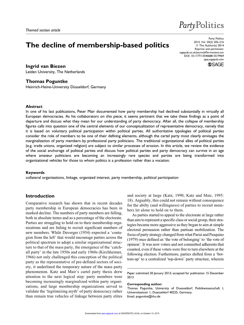 The Decline of Membership-Based Politics