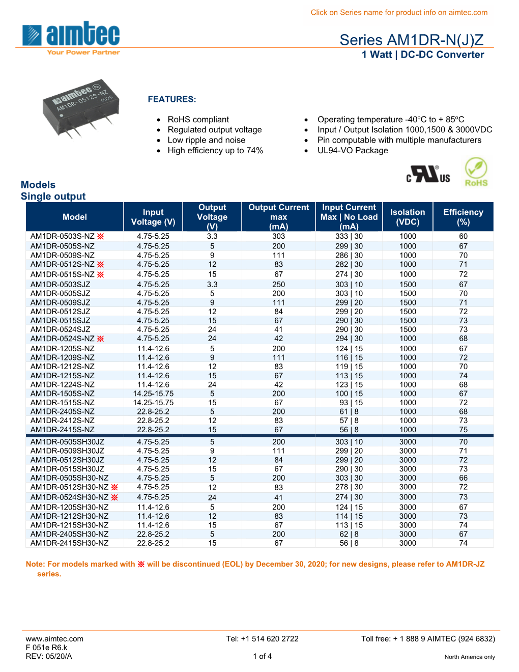 Series AM1DR-N(J)Z 1 Watt | DC-DC Converter