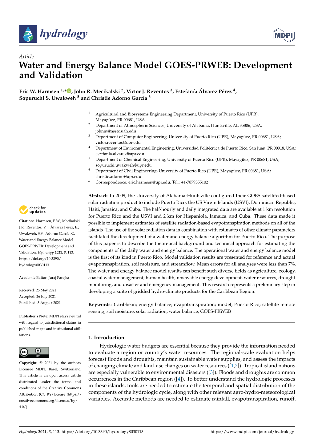 Water and Energy Balance Model GOES-PRWEB: Development and Validation