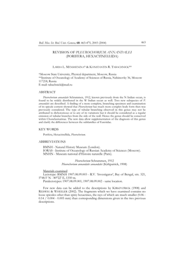 Revision of Pleurochorium Annandalei (Porifera, Hexactinellida)