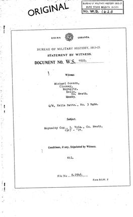 ROINN COSANTA. BUREAU of MILITARY HISTORY, 1913-21. STATEMENT by WITNESS. DOCUMENT NO. W.S. 1625. Witness Michael Govern, Cloone