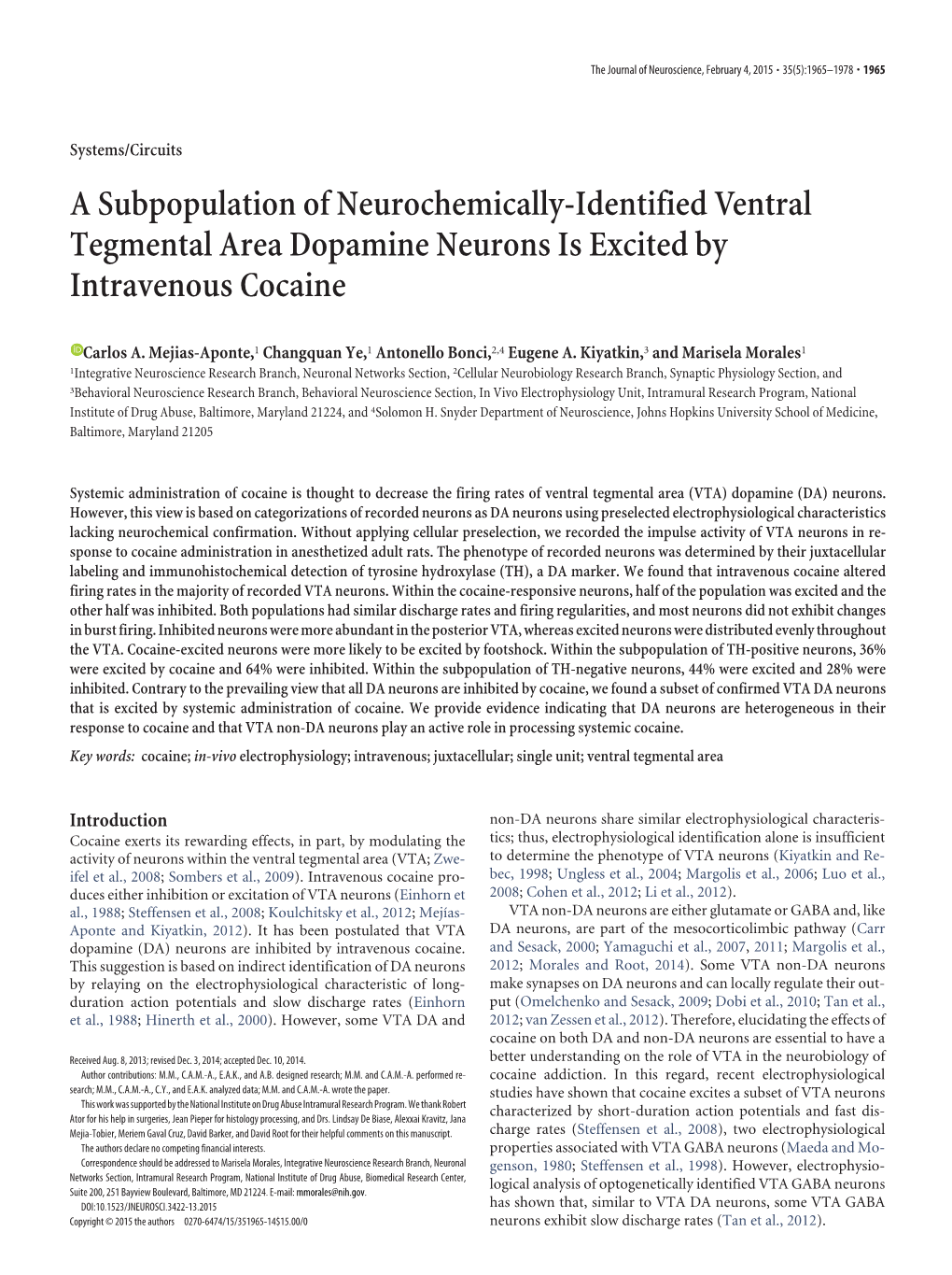 A Subpopulation of Neurochemically-Identified Ventral Tegmental Area Dopamine Neurons Is Excited by Intravenous Cocaine