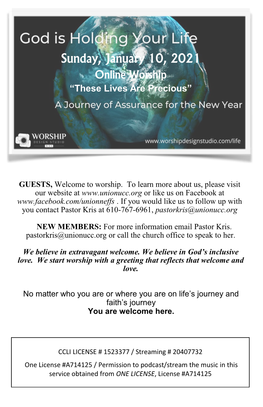 Sunday, January 10, 2021 Online Worship “These Lives Are Precious”