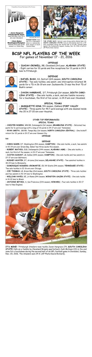 BCSP NFL PLAYERS of the WEEK for Games of November 17 - 21, 2016