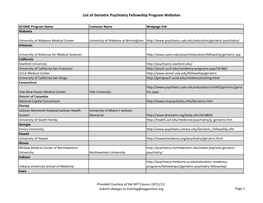 List of Geriatric Psychiatry Fellowship Program Websites