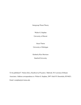 Intergroup Threat Theory Walter G. Stephan University of Hawaii Oscar