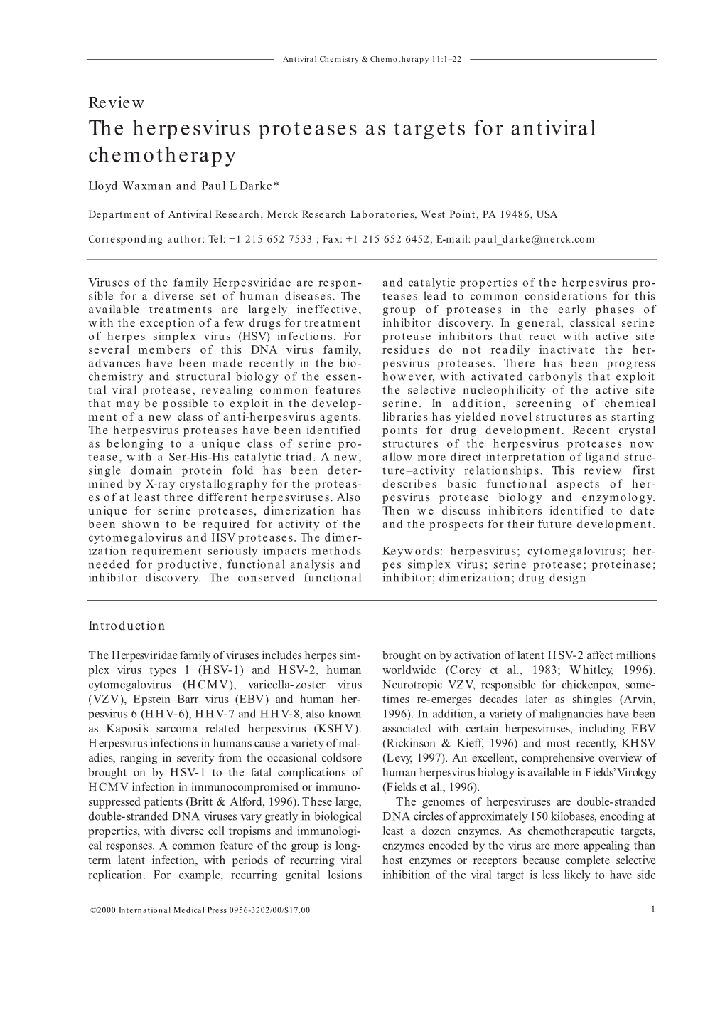 The Herpesvirus Proteases As Targets for Antiviral Chemotherapy