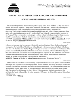 2012 National History Bee National Championships Round 3: (Non-US History 1492-1932)