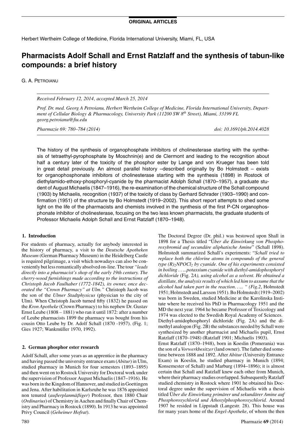 Pharmacists Adolf Schall and Ernst Ratzlaff and the Synthesis of Tabun ...